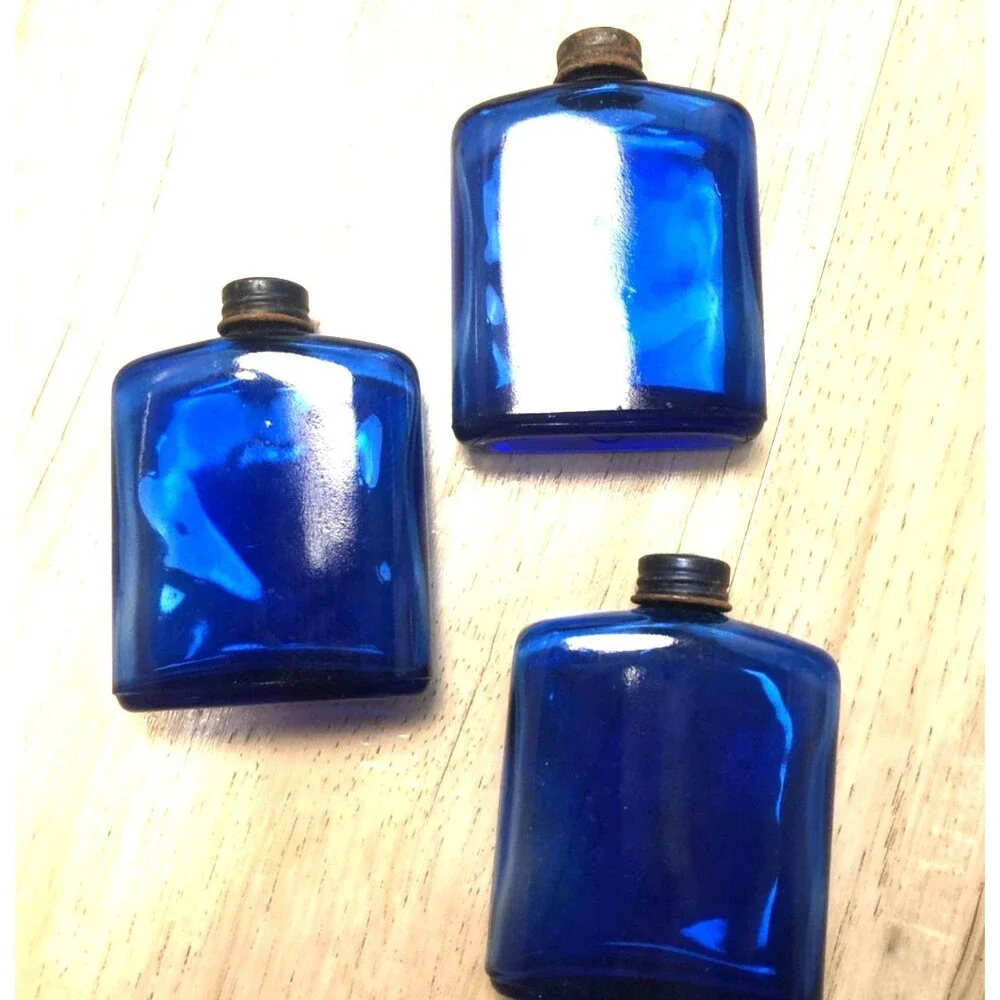 3 Vintage Cobalt Blue Glass Medicine USA Apothecary Bottles Signed 